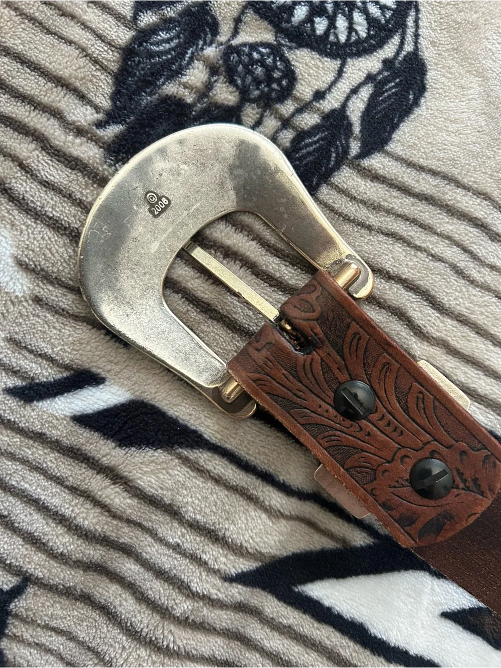 Western-Style Brown Leather Belt with Ornate Silver Buckle